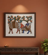 Authentic Gond Painting – Elephants Under a Tree Tribal Art (11 × 15 Inch)