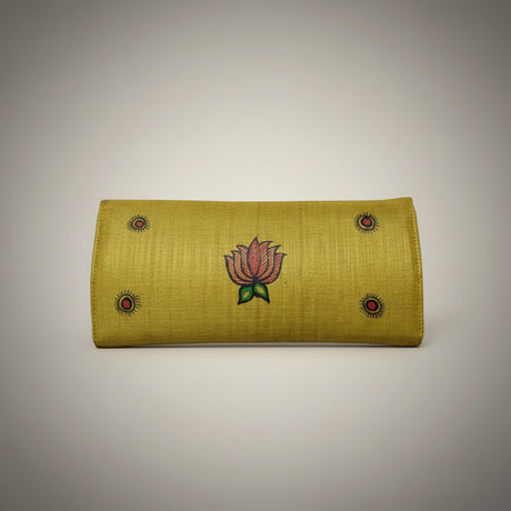 Handmade Madhubani Golden Silk Clutch | Mithila Art Ethnic Handbag Traditional Indian Accessory - Retail Maharaj
