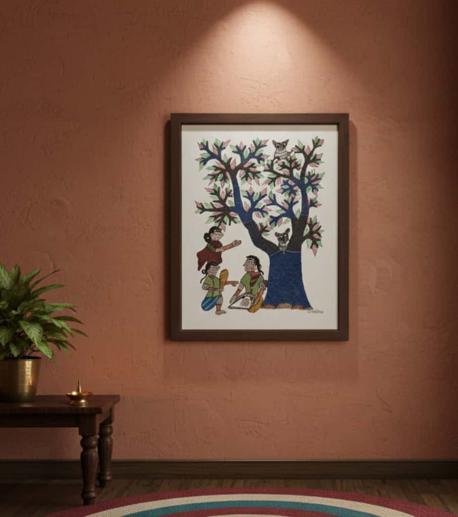 Authentic Gond Painting – Tribal Figures Under Tree of Life Handmade Folk Art (11 × 15 Inch)