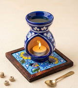 Heritage Floral Jaipur Blue Pottery Oil Burner & Tiled Wood-Frame Set