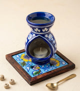Heritage Floral Jaipur Blue Pottery Oil Burner & Tiled Wood-Frame Set