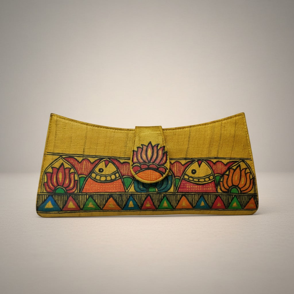 Handmade Madhubani Golden Flap Clutch – Silk Mithila Art Ethnic Handbag | Traditional Indian Accessory - Retail Maharaj