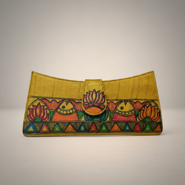 Handmade Madhubani Golden Flap Clutch – Silk Mithila Art Ethnic Handbag | Traditional Indian Accessory - Retail Maharaj