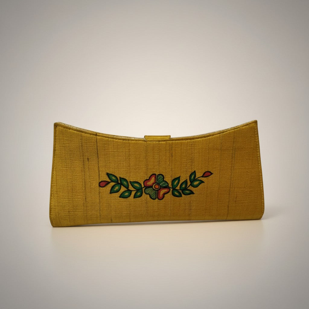 Handmade Madhubani Golden Flap Clutch – Silk Mithila Art Ethnic Handbag | Traditional Indian Accessory - Retail Maharaj