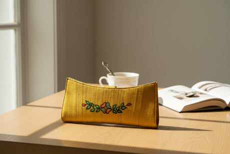 Handmade Madhubani Golden Flap Clutch – Silk Mithila Art Ethnic Handbag | Traditional Indian Accessory - Retail Maharaj