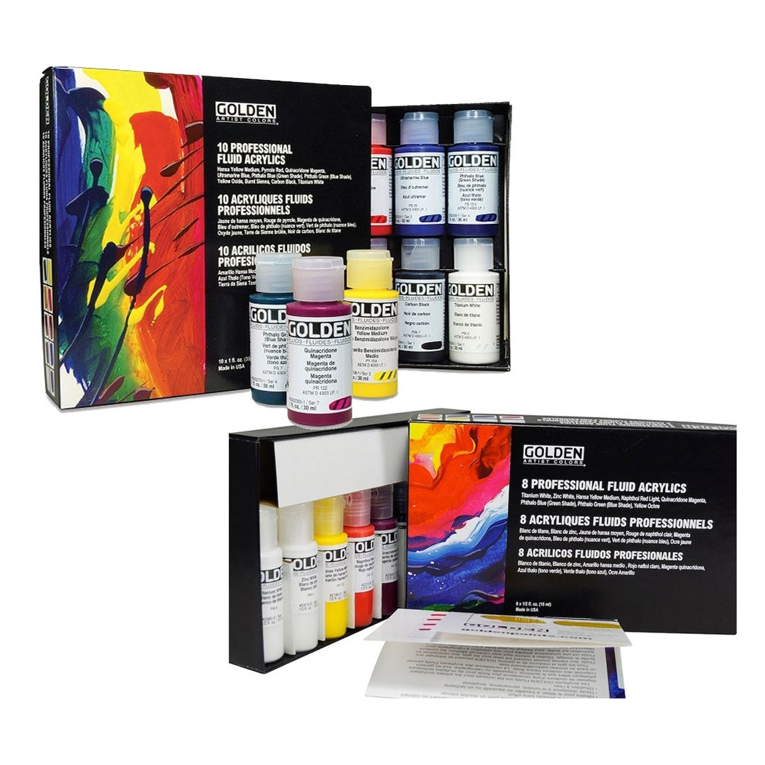Golden Fluid Acrylic Professional Paint Set of 8 and 10 High Tinting Smooth Flow Artist Acrylics for Fine Detail Glazing and Water Media - Retail Maharaj