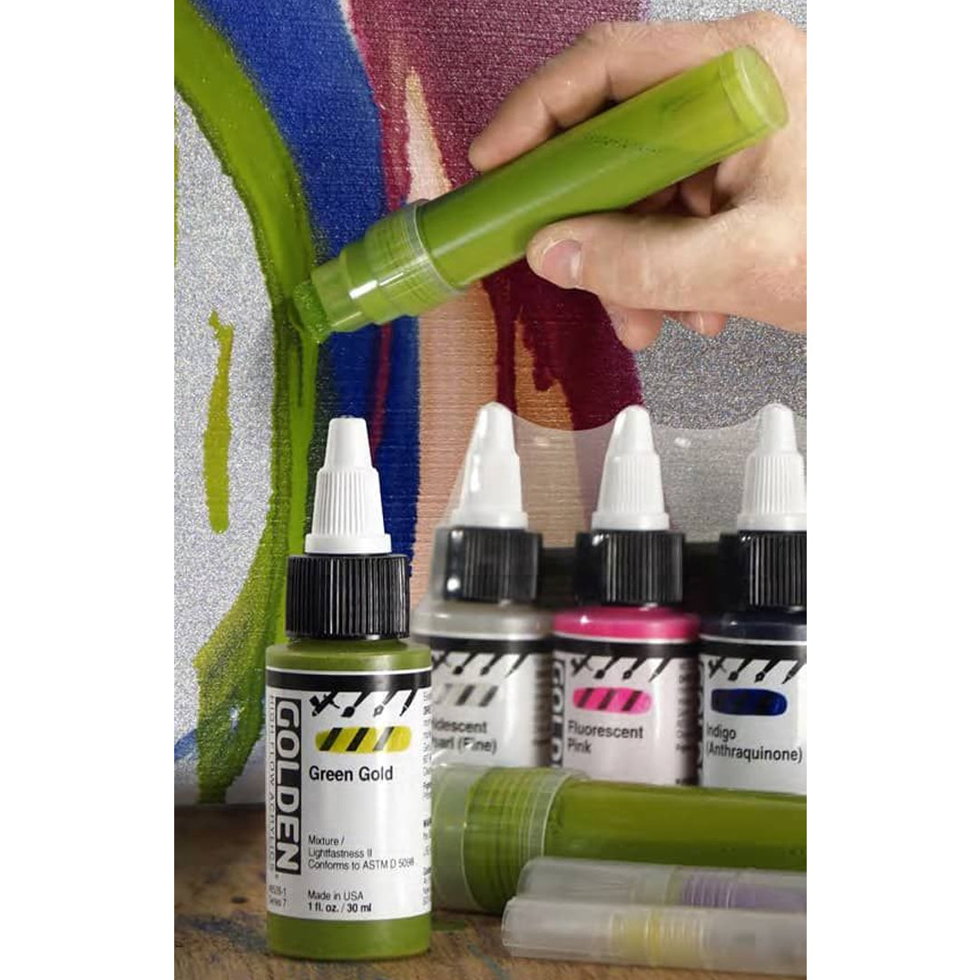 Golden High Flow Acrylic Marker Set of 5 Ink Like Acrylic Colours with Refillable Markers for Drawing Airbrush and Mixed Media - Retail Maharaj
