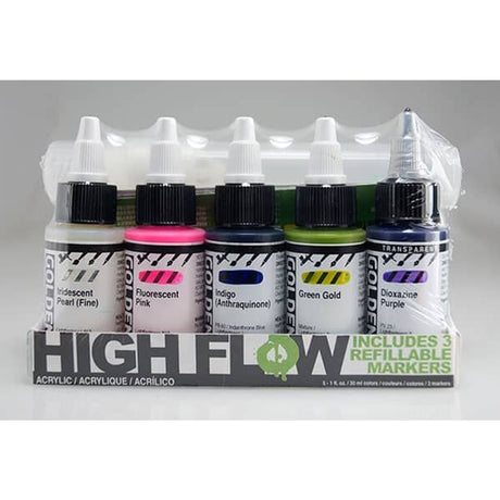 Golden High Flow Acrylic Marker Set of 5 Ink Like Acrylic Colours with Refillable Markers for Drawing Airbrush and Mixed Media - Retail Maharaj