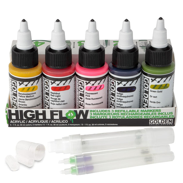 Golden High Flow Acrylic Marker Set of 5 Ink Like Acrylic Colours with Refillable Markers for Drawing Airbrush and Mixed Media - Retail Maharaj