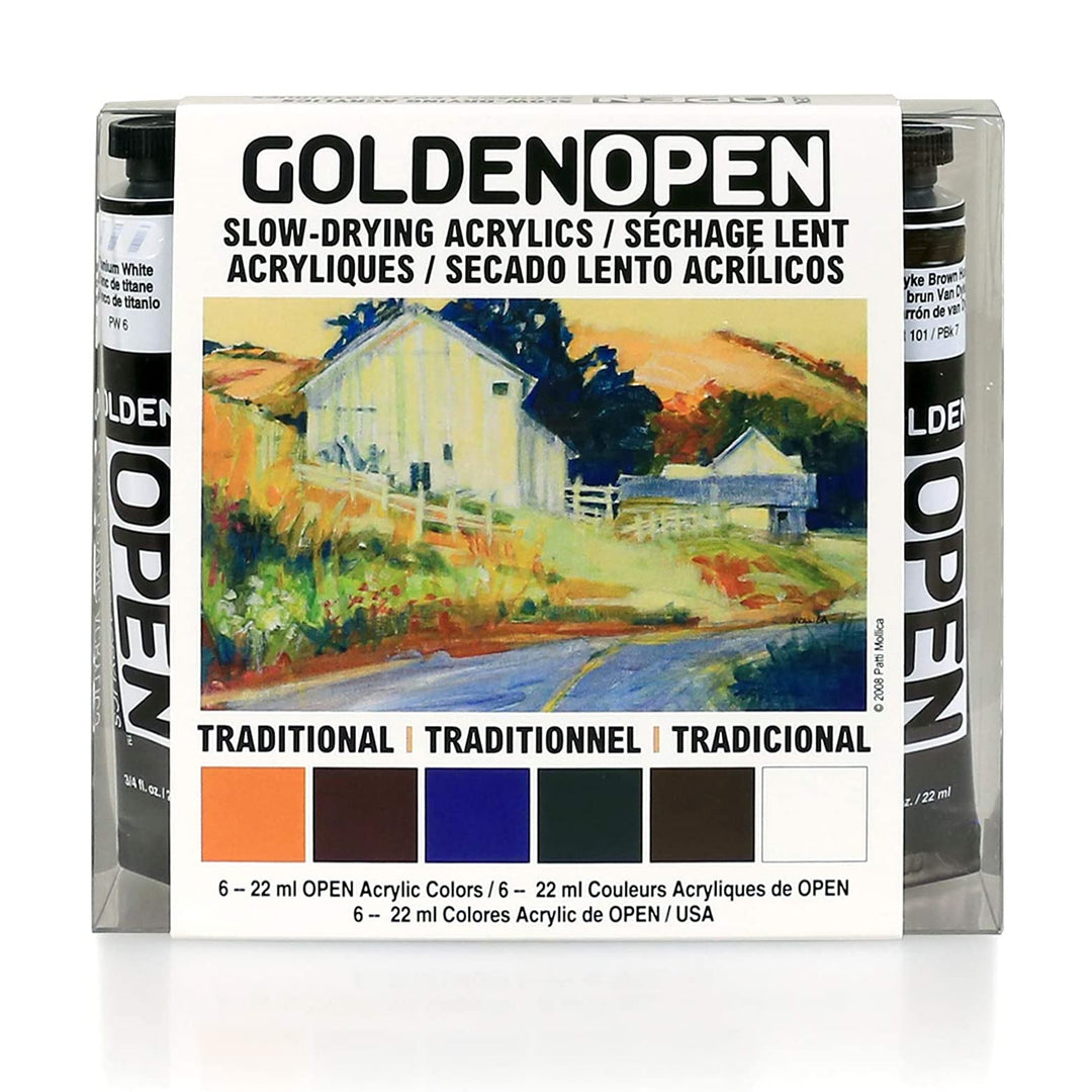 Golden Open Acrylic Traditional Color Set of 6 Slow Drying Professional Paints - Retail Maharaj