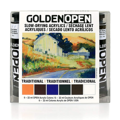 Golden Open Acrylic Traditional Color Set of 6 Slow Drying Professional Paints - Retail Maharaj