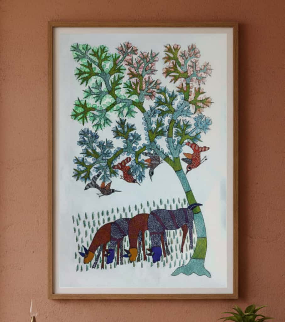 Authentic Gond Painting – Gazing Deer & Tree of Life Handmade Tribal Folk Art (11 × 15 Inch)