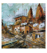 Premium Original Indian Heritage Art – Ghats of the Divine City by Vikram Kumar Mukherjee (14"x14" Acrylic Impasto on Paper)