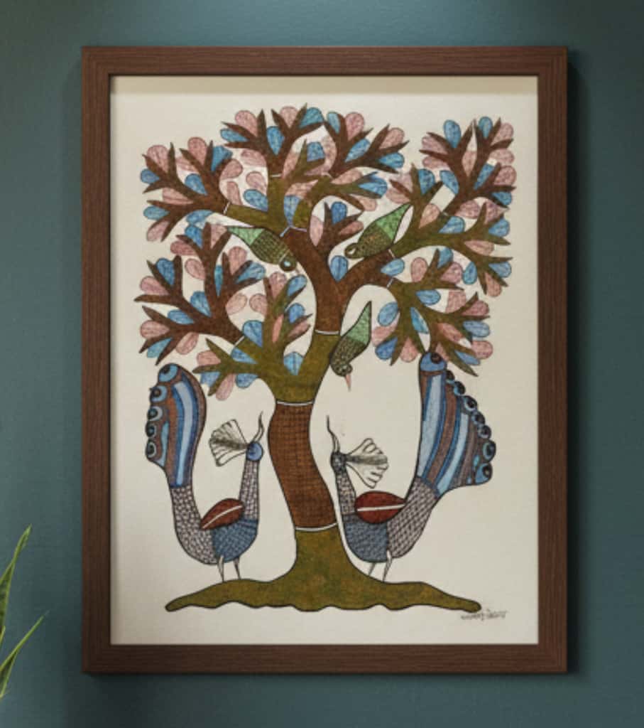 Authentic Gond Painting – Peacock & Tree of Life Folk Art (11 × 15 Inch)