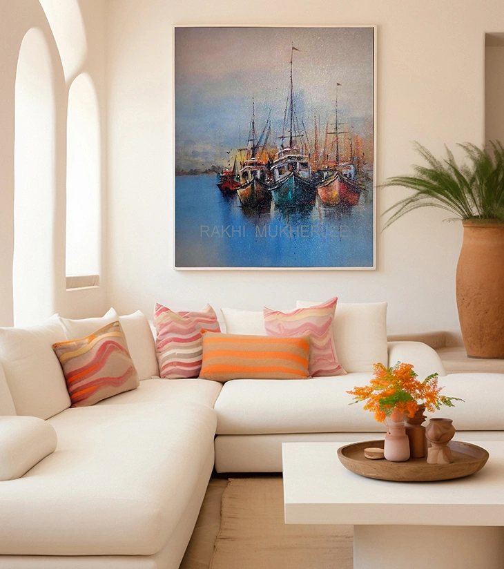 Harbour Hues Original Acrylic Canvas Painting by Rakhi Mukherjee (14 × 11 Inch)