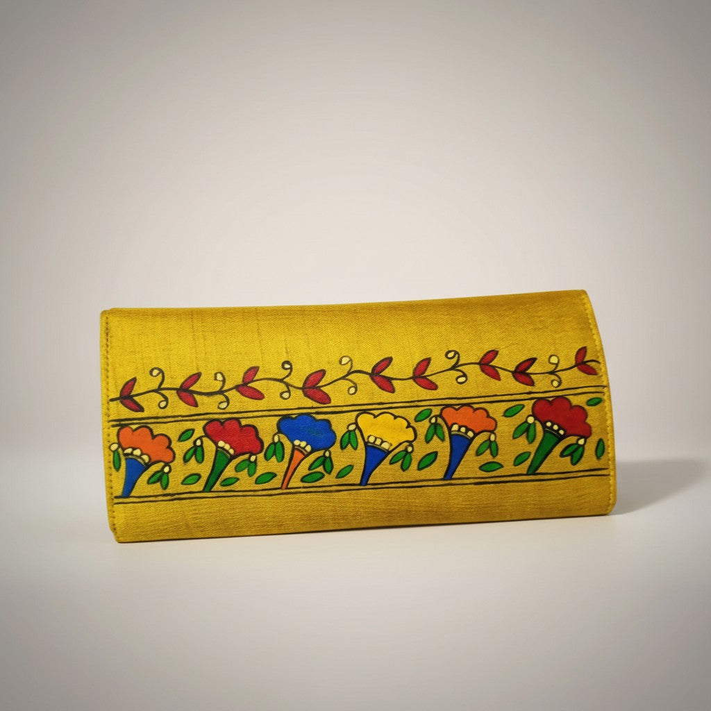 Handmade Madhubani Golden Silk Clutch | Mithila Art Ethnic Handbag Traditional Indian Accessory - Retail Maharaj