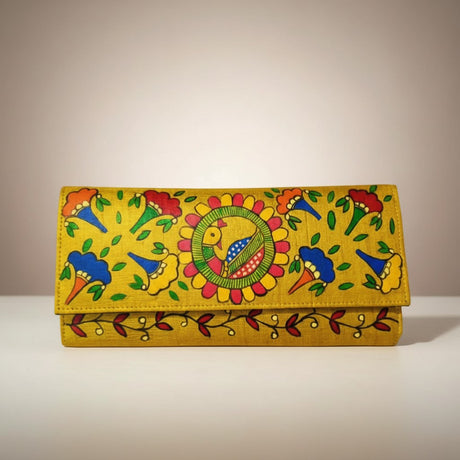 Handmade Madhubani Golden Silk Clutch | Mithila Art Ethnic Handbag Traditional Indian Accessory - Retail Maharaj