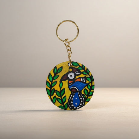 Handmade Madhubani Key Ring – MDF Mithila Art Keychain | Indian Folk Art Accessory - Retail Maharaj