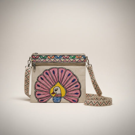 Handmade Jute Sling Bag with Madhubani Art | Eco-friendly Mithila Painting Ethnic Bag - Retail Maharaj