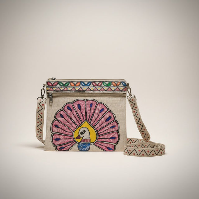Handmade Jute Sling Bag with Madhubani Art | Eco-friendly Mithila Painting Ethnic Bag - Retail Maharaj