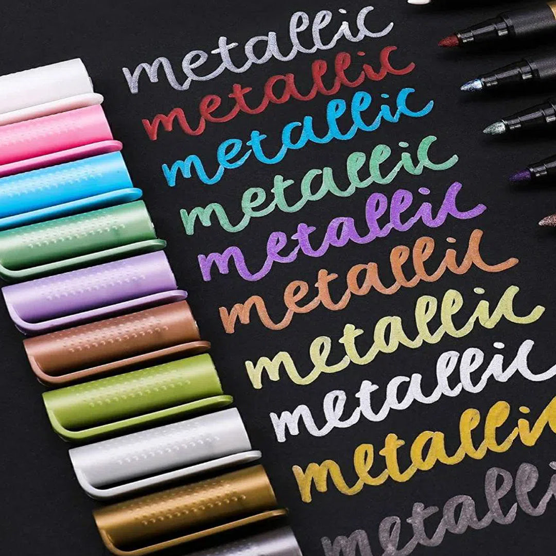 Keep-Smiling Metallic Color Pen Pack of 10 Water Based Metallic Ink Pens for Art Craft Writing Multi Surface Use - Retail Maharaj