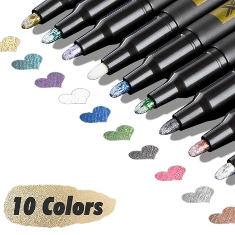 Keep-Smiling Metallic Color Pen Pack of 10 Water Based Metallic Ink Pens for Art Craft Writing Multi Surface Use - Retail Maharaj