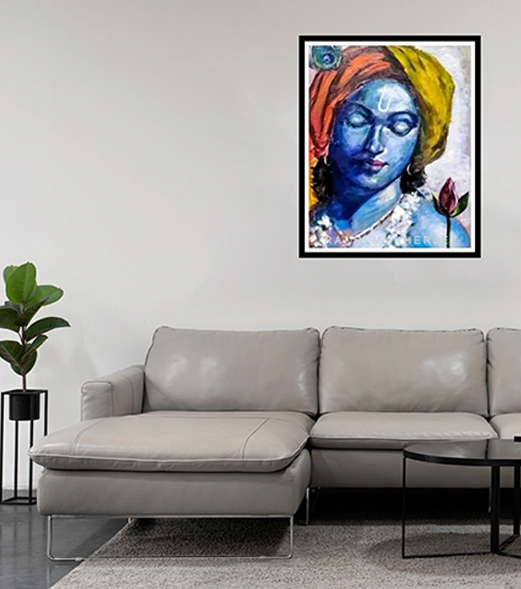 Krishna Tranquil Original Mixed Media Canvas Painting by Rakhi Mukherjee (14 × 18 Inch)