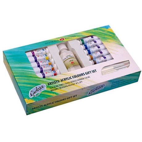 Ladoga Gift Set of Acrylic Color Artist Paint Set with 12 Colours Gloss Varnish and Brushes for Canvas Wood and Creative Art - Retail Maharaj