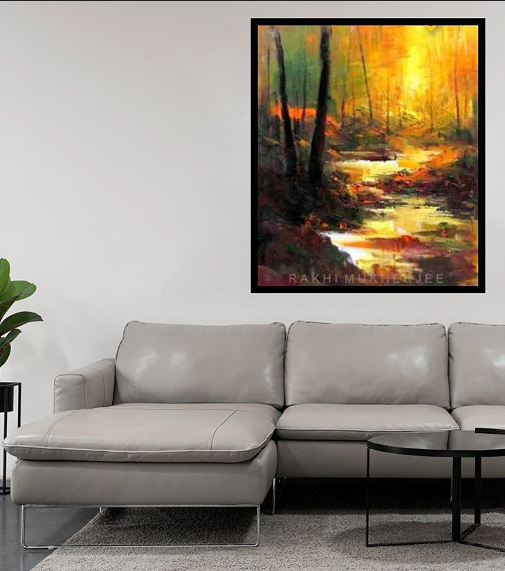 Hymne to the Sea Golden Preview Original Acrylic Canvas Painting by Rakhi Mukherjee (14 × 18 Inch)