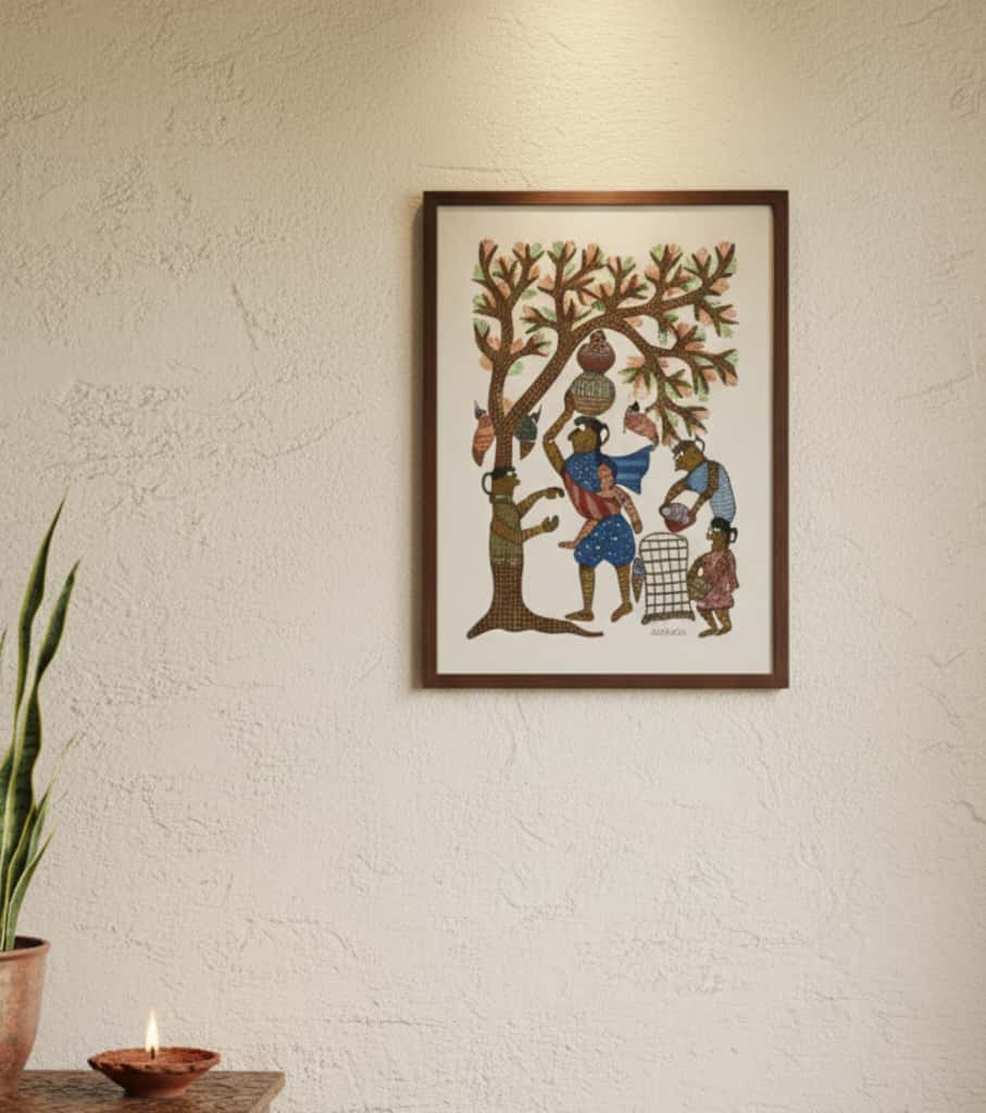 Authentic Gond Painting – Tribal Daily Life & Tree of Life Folk Art (11 × 15 Inch)
