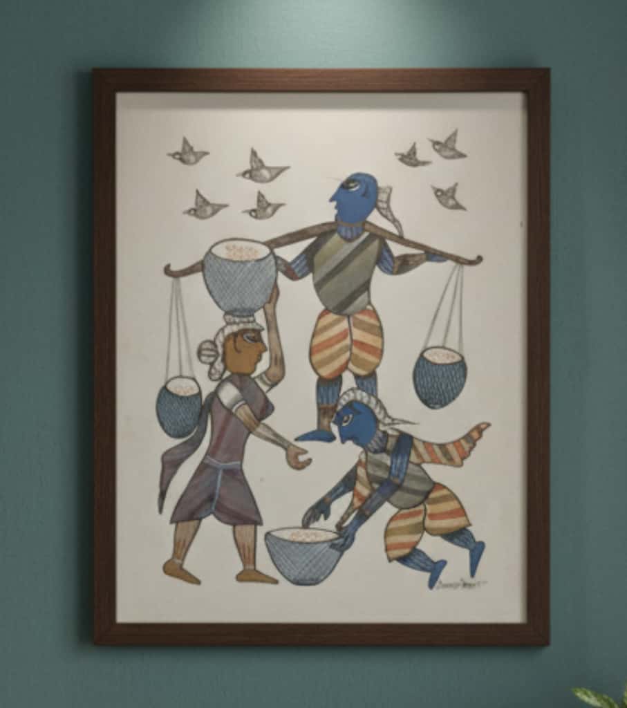 Authentic Gond Painting – Tribal Life & Gathering Scene Folk Art Handmade Heritage Art (11 × 15 Inch)
