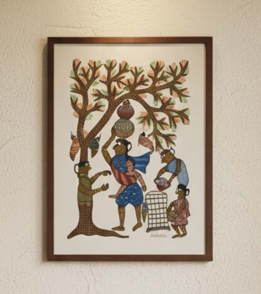 Authentic Gond Painting – Tribal Daily Life & Tree of Life Folk Art (11 × 15 Inch)