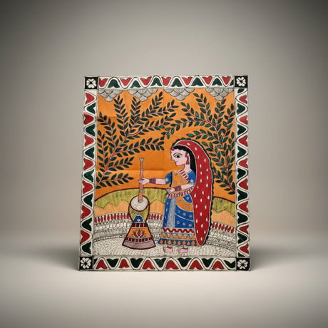 Handmade Madhubani Painting – A Village Scene | Mithila Art Traditional Indian Folk Wall Decor - Retail Maharaj