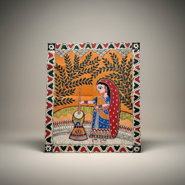 Handmade Madhubani Painting – A Village Scene | Mithila Art Traditional Indian Folk Wall Decor - Retail Maharaj