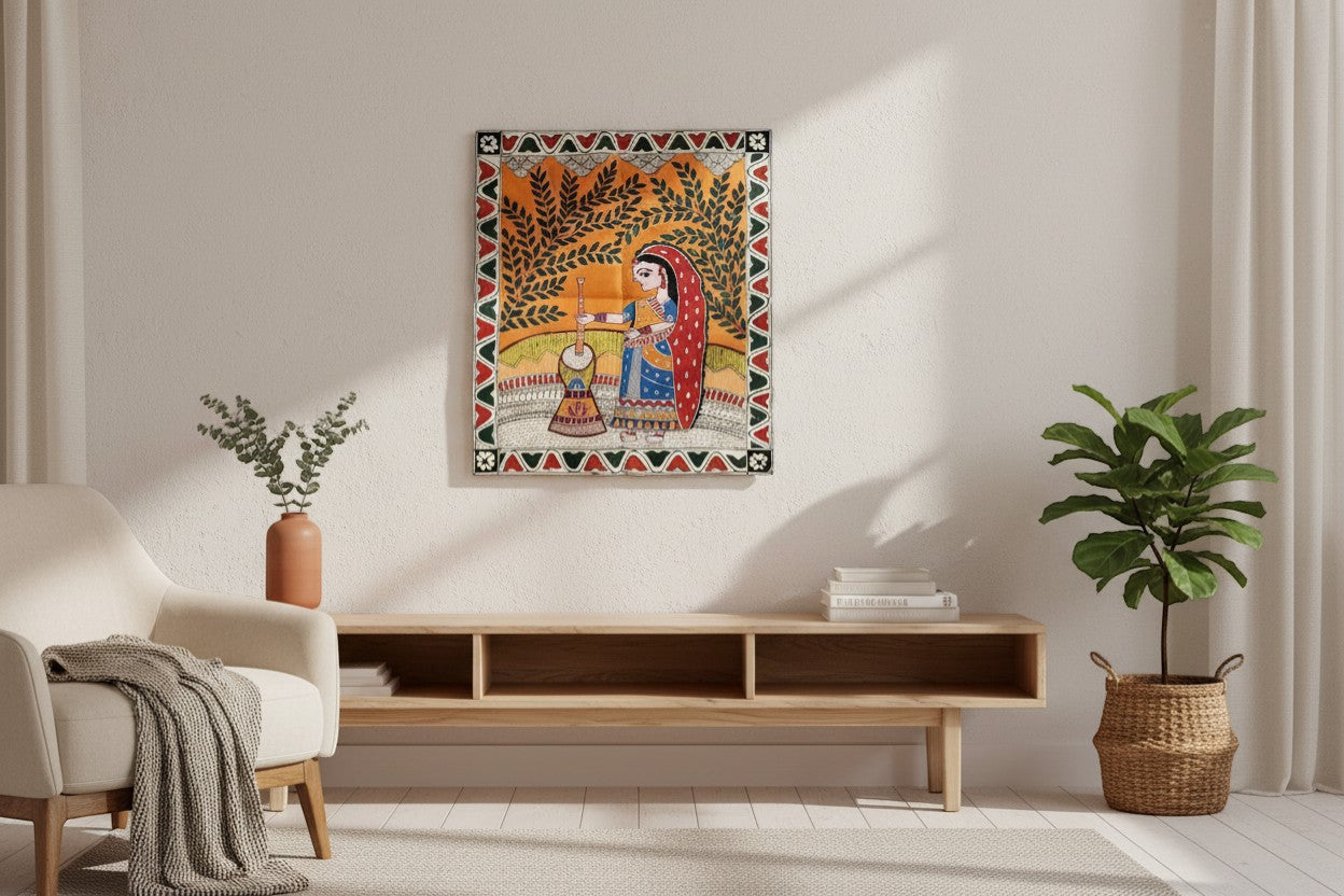 Handmade Madhubani Painting – A Village Scene | Mithila Art Traditional Indian Folk Wall Decor - Retail Maharaj