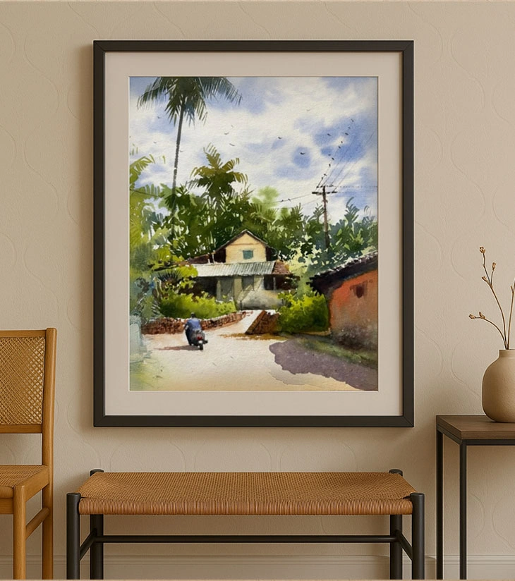 Premium Indian Landscape Art – "Morning Ride in Mafaswal" A3 Watercolour