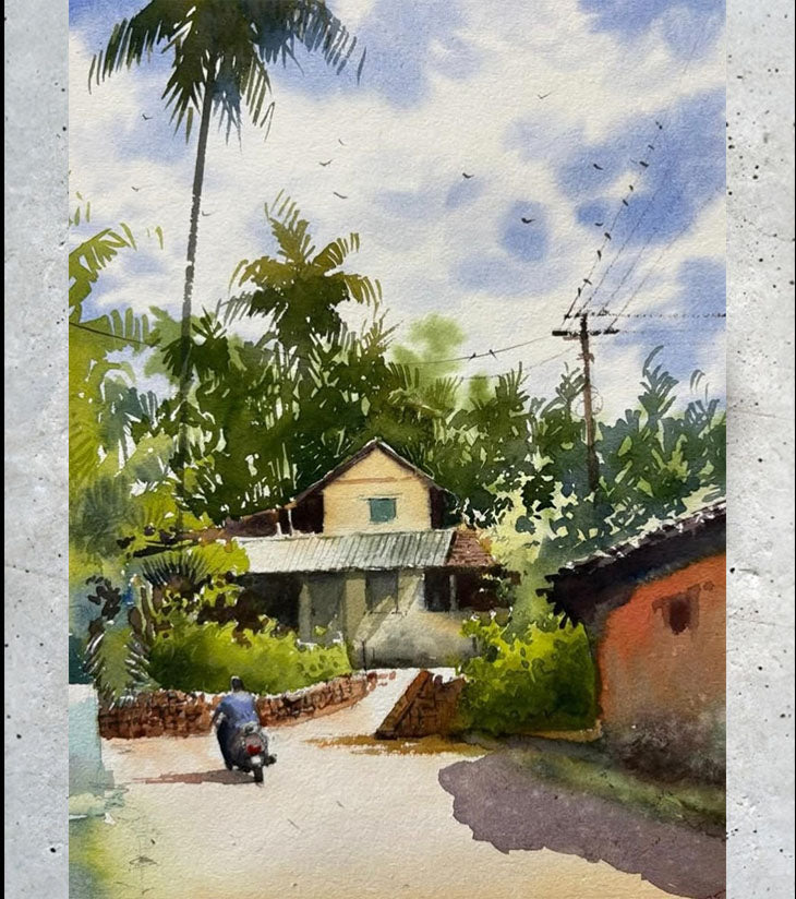 Premium Indian Landscape Art – "Morning Ride in Mafaswal" A3 Watercolour