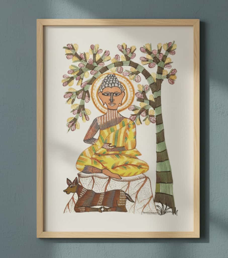 Authentic Gond Painting – Meditation Under Tree Handmade Spiritual Tribal Art (11 × 15 Inch)