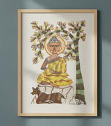 Authentic Gond Painting – Meditation Under Tree Handmade Spiritual Tribal Art (11 × 15 Inch)
