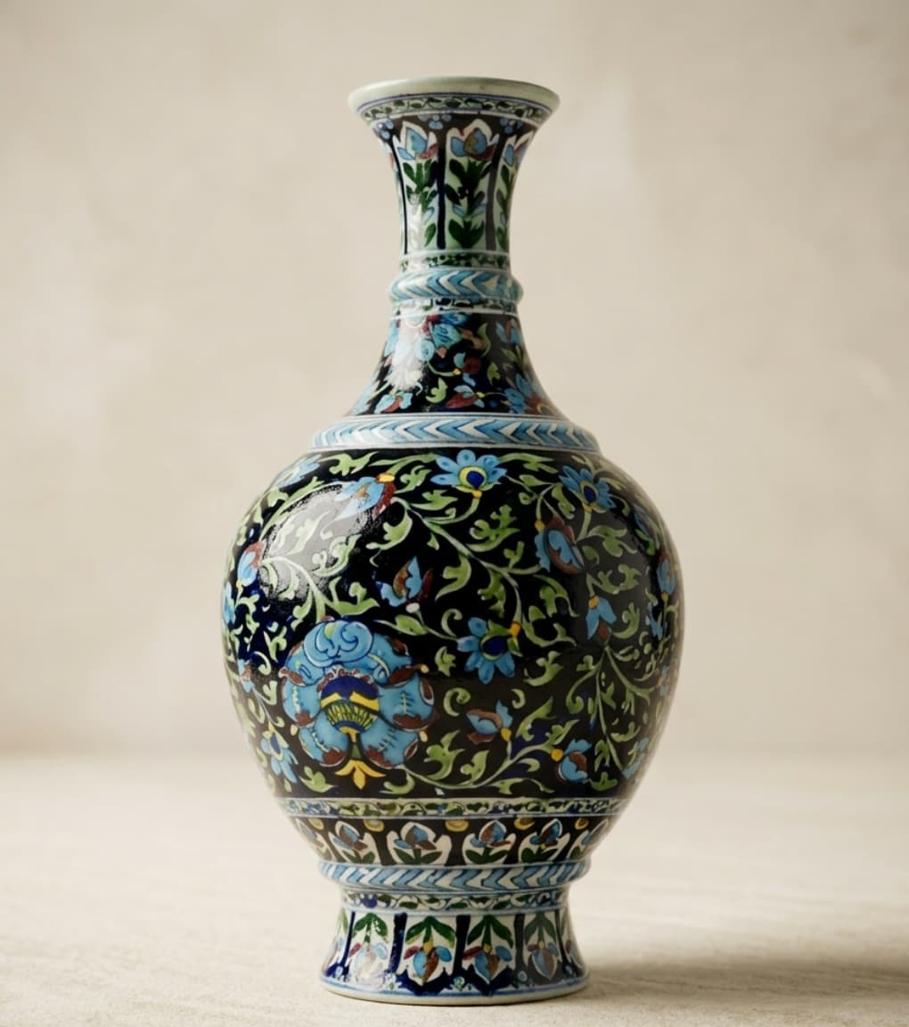 Midnight Onyx & Azure Hand-Painted Jaipur Blue Pottery Heritage Vase (18 Inch)