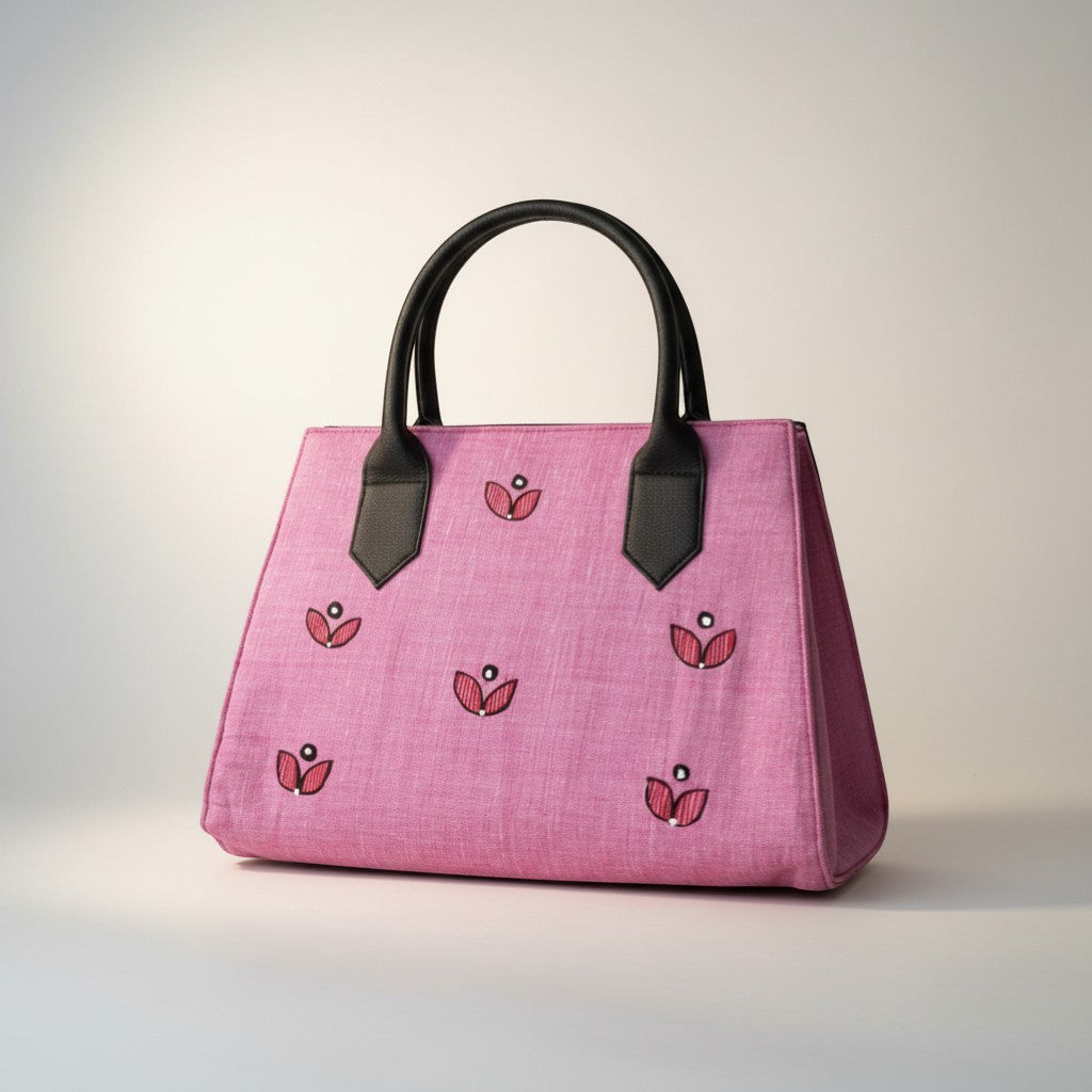 Handmade Silk Base Leather Handbag with Madhubani Art | Mithila Painting Ethnic Designer Handbag - Retail Maharaj