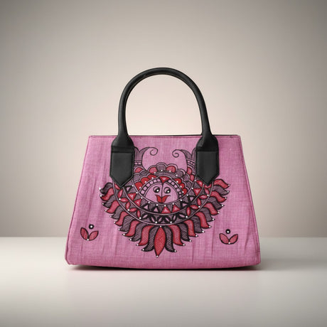 Handmade Silk Base Leather Handbag with Madhubani Art | Mithila Painting Ethnic Designer Handbag - Retail Maharaj