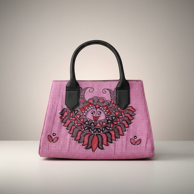 Handmade Silk Base Leather Handbag with Madhubani Art | Mithila Painting Ethnic Designer Handbag - Retail Maharaj