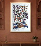 Authentic Gond Painting – Three Wise Owls Tribal Art (36 × 24 Inch)