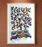 Authentic Gond Painting – Three Wise Owls Tribal Art (36 × 24 Inch)
