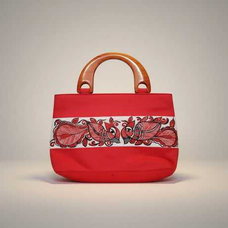 Handmade Silk Handle Bag with Madhubani Art | Mithila Painting Ethnic Handbag - Retail Maharaj