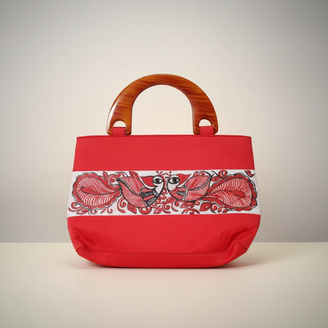 Handmade Silk Handle Bag with Madhubani Art | Mithila Painting Ethnic Handbag - Retail Maharaj