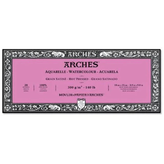 Arches Hot Press Watercolour Paper Block 300 GSM 10 x 25 cm 4 Deckle Edges - Retail Maharaj