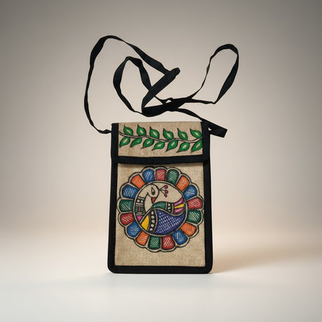 Handmade Madhubani Mobile Pouch – Jute Mithila Art Phone Bag | Eco-friendly Folk Art Accessory - Retail Maharaj