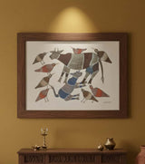 Authentic Handmade Gond Painting – Cow, Calf & Flock of Birds Tribal Art (11 × 15 Inch)